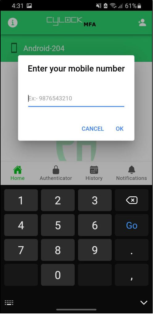 Enter Mobile number Screen- CyLock